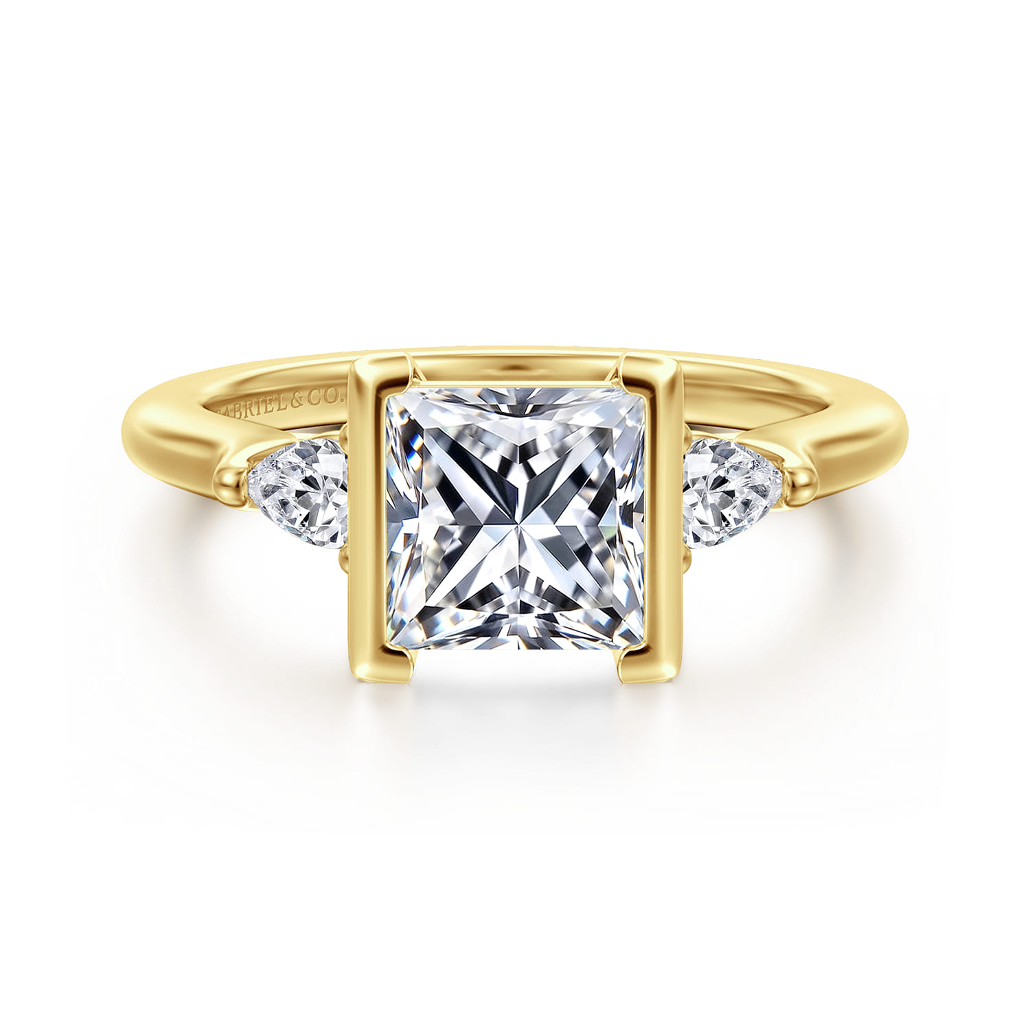 Alesandra - 14K Yellow Gold Half Bezel Princess Cut Three Stone Diamond Engagement Ring - 0.3 ct - Shot 1