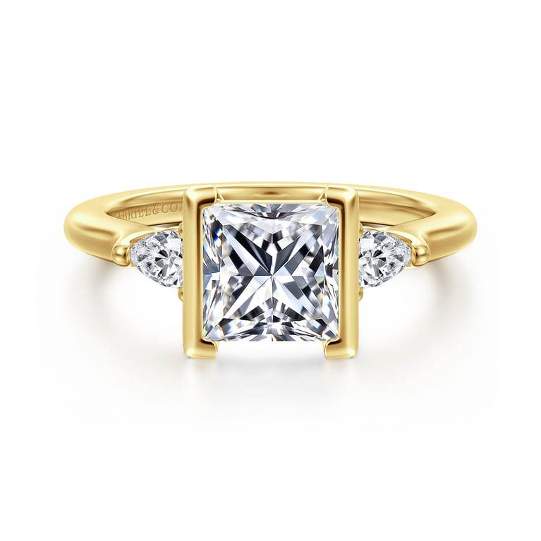 Alesandra - 14K Yellow Gold Half Bezel Princess Cut Three Stone Diamond Engagement Ring - 0.3 ct - Shot 1