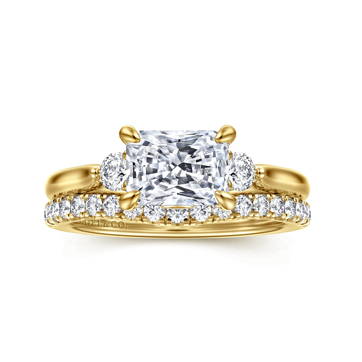 Darline - 14K Yellow Gold Radiant Cut Three Stone Lotus Diamond Engagement Ring - 0.22 ct - Shot 4