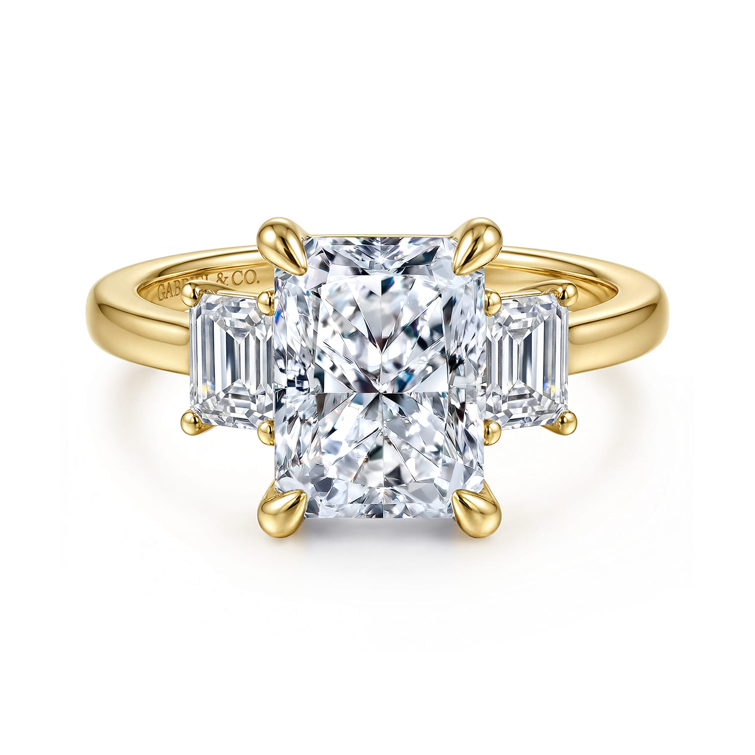 Stephi - 14K Yellow Gold Radiant Cut Three Stone Diamond Engagement Ring - 0.6 ct - Shot 1