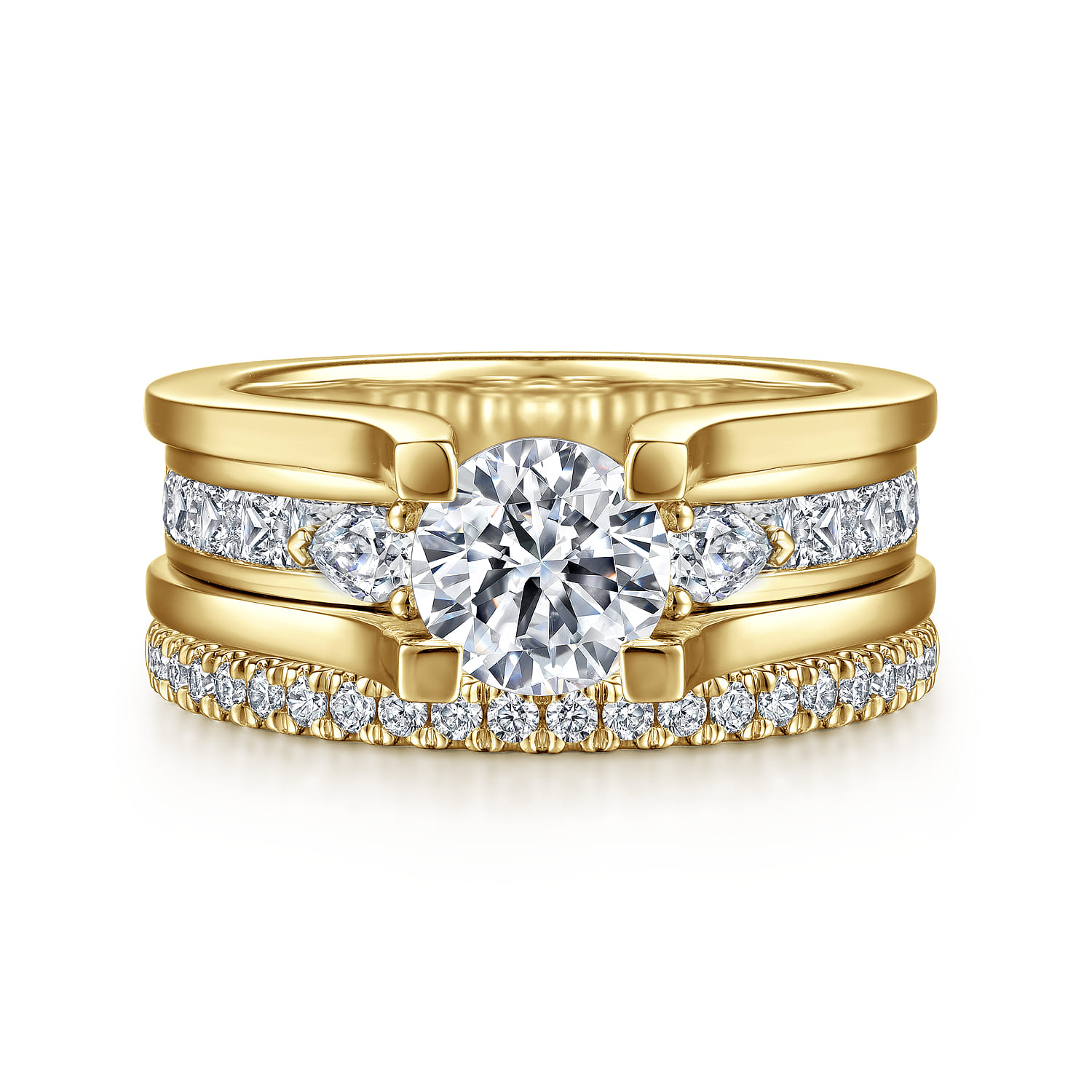 Dulcette - 14K Yellow Gold Wide Band Round Diamond Engagement Ring - 1 ct - Shot 4