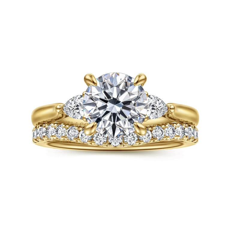 Reema - 14K Yellow Gold Round Three Stone Lotus Diamond Engagement Ring - 0.24 ct - Shot 4