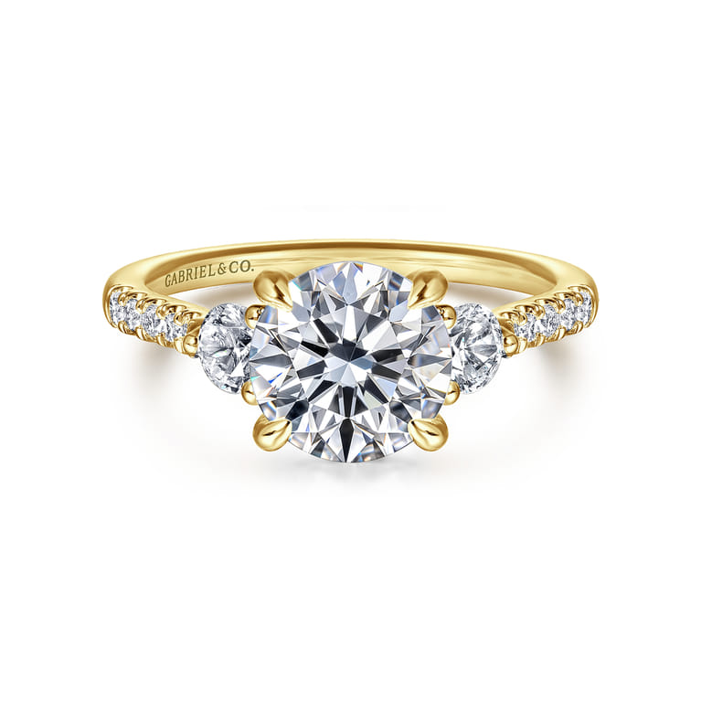 Moon - 14K Yellow Gold Round Three Stone Lotus Diamond Engagement Ring - 0.4 ct - Shot 1