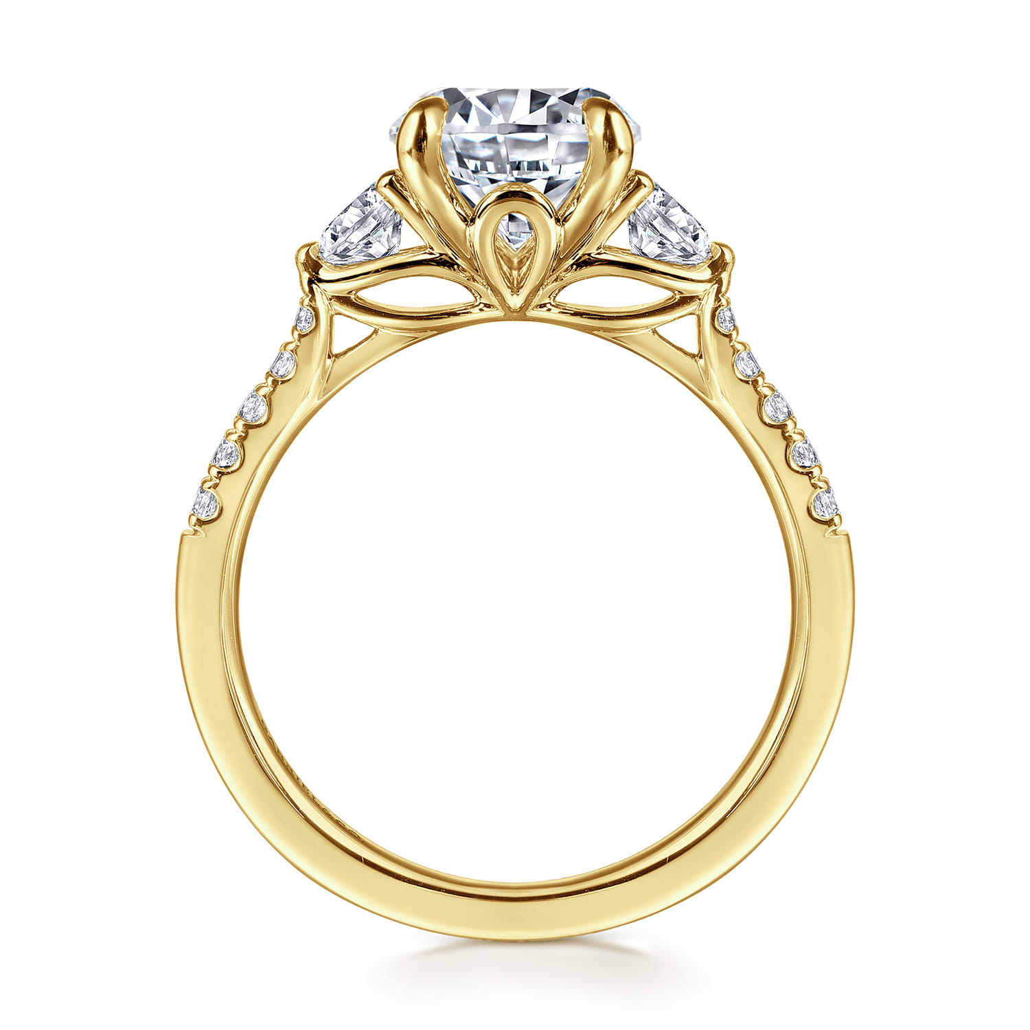 Moon - 14K Yellow Gold Round Three Stone Lotus Diamond Engagement Ring - 0.4 ct - Shot 2