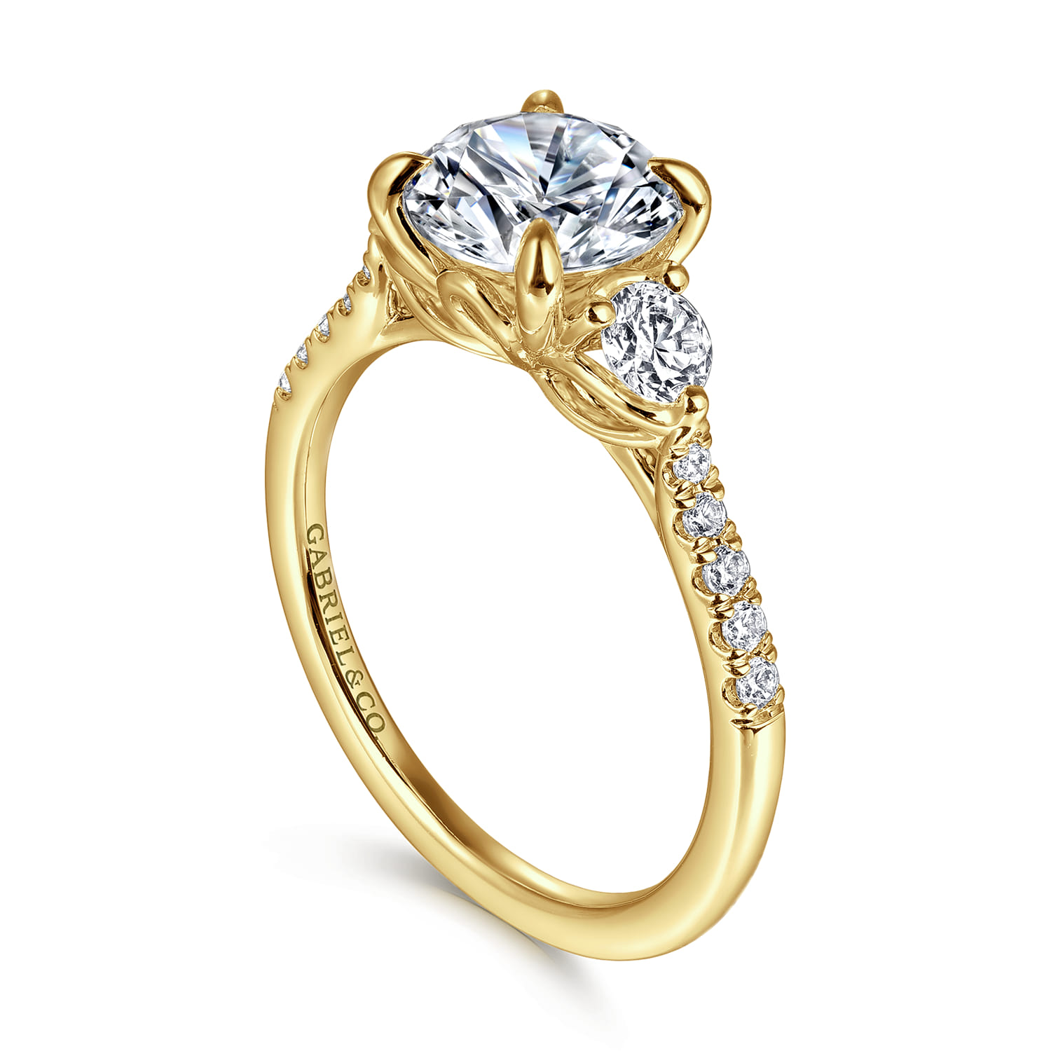 Moon - 14K Yellow Gold Round Three Stone Lotus Diamond Engagement Ring - 0.4 ct - Shot 3