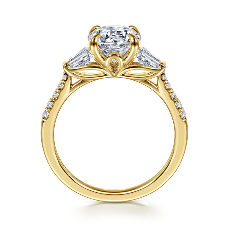 Nadia - 14K Yellow Gold Round Three Stone Lotus Diamond Engagement Ring - 0.45 ct - Shot 2