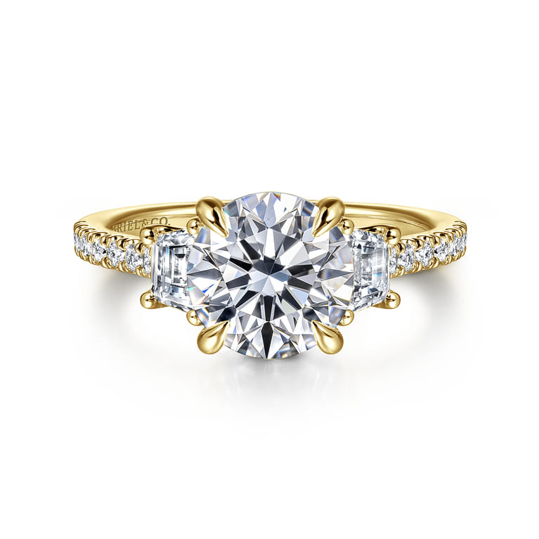 Georgie - 14K Yellow Gold Round Three Stone Lotus Diamond Engagement Ring - 0.6 ct - Shot 1