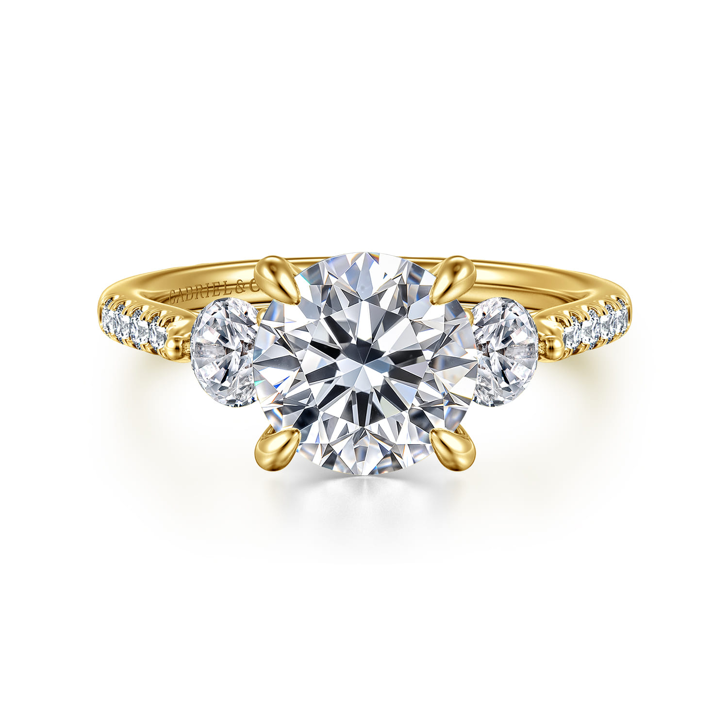 Moon - 14K Yellow Gold Round Three Stone Lotus Diamond Engagement Ring - 0.6 ct - Shot 1