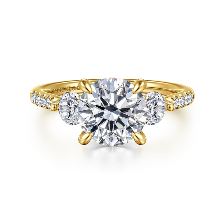Moon - 14K Yellow Gold Round Three Stone Lotus Diamond Engagement Ring - 0.6 ct - Shot 1
