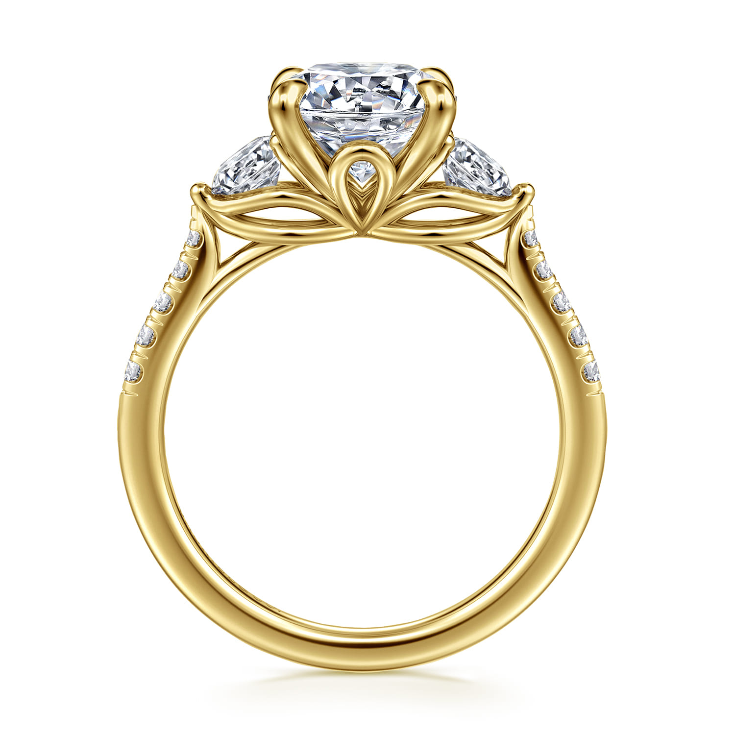 Moon - 14K Yellow Gold Round Three Stone Lotus Diamond Engagement Ring - 0.6 ct - Shot 2