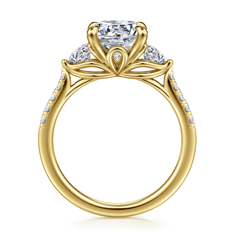 Moon - 14K Yellow Gold Round Three Stone Lotus Diamond Engagement Ring - 0.6 ct - Shot 2