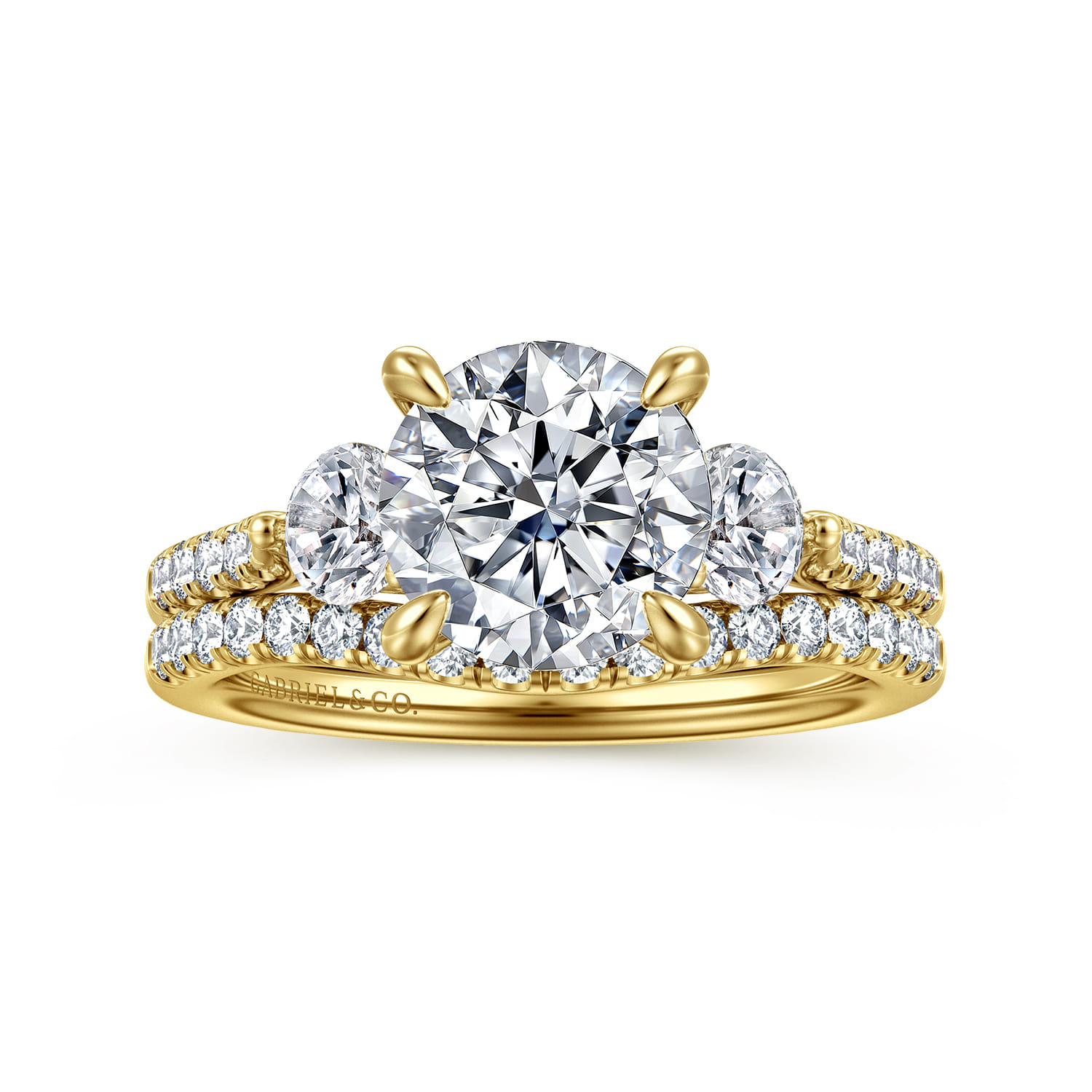 Moon - 14K Yellow Gold Round Three Stone Lotus Diamond Engagement Ring - 0.6 ct - Shot 4