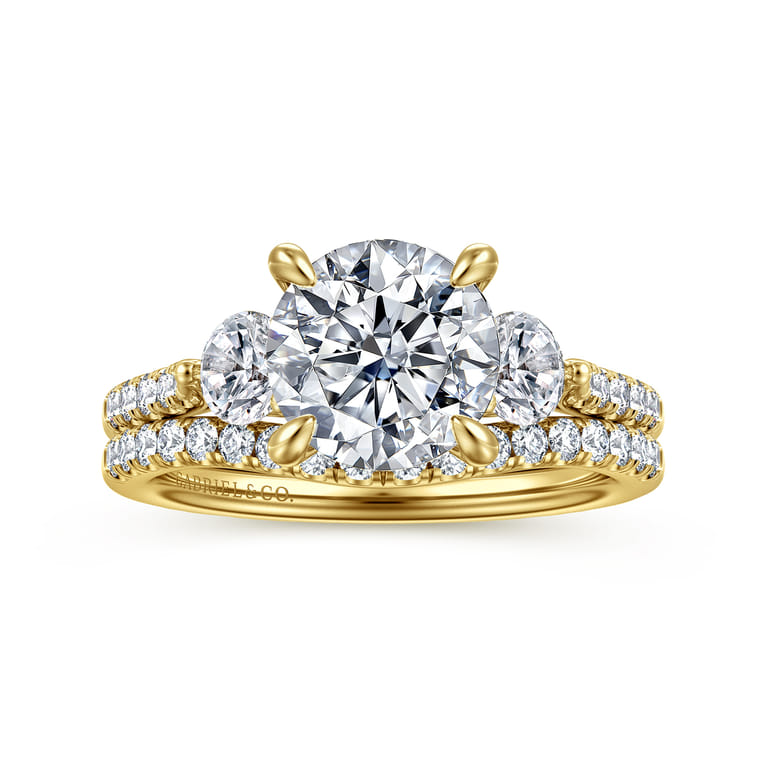 Moon - 14K Yellow Gold Round Three Stone Lotus Diamond Engagement Ring - 0.6 ct - Shot 4