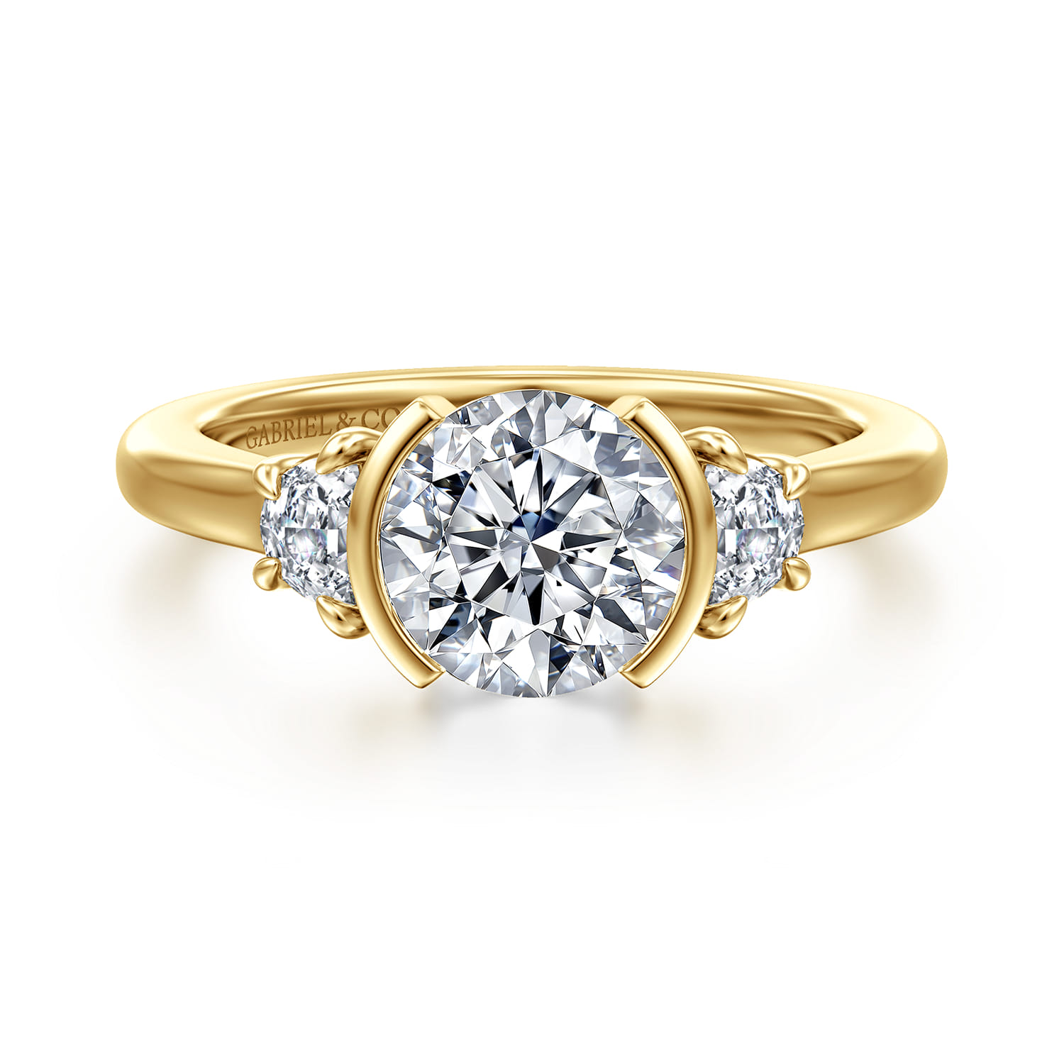Colleen - 14K Yellow Gold Half Bezel Round Three Stone Diamond Engagement Ring - 0.3 ct - Shot 1