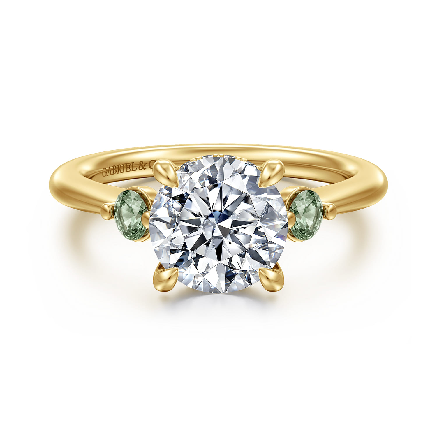Stella - 14K Yellow Gold Round Three Stone Green Sapphire and Diamond Engagement Ring - 0.05 ct - Shot 1