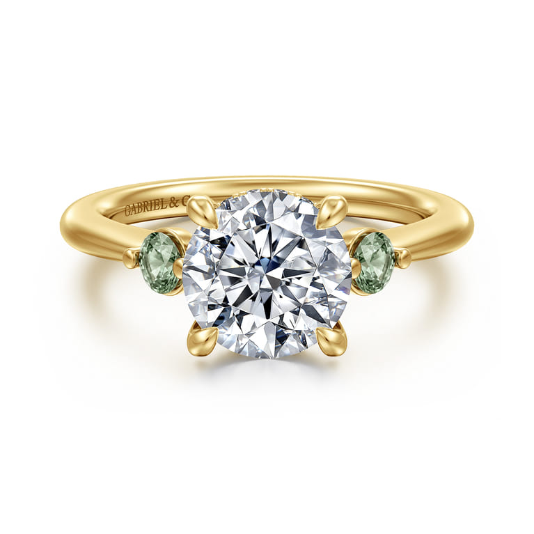 Stella - 14K Yellow Gold Round Three Stone Green Sapphire and Diamond Engagement Ring - 0.05 ct - Shot 1