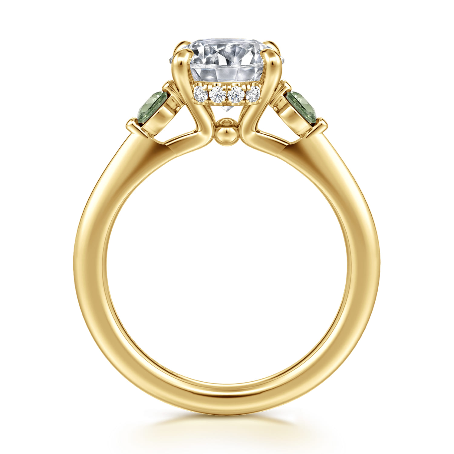 Stella - 14K Yellow Gold Round Three Stone Green Sapphire and Diamond Engagement Ring - 0.05 ct - Shot 2