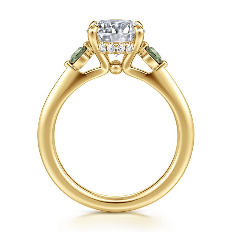 Stella - 14K Yellow Gold Round Three Stone Green Sapphire and Diamond Engagement Ring - 0.05 ct - Shot 2
