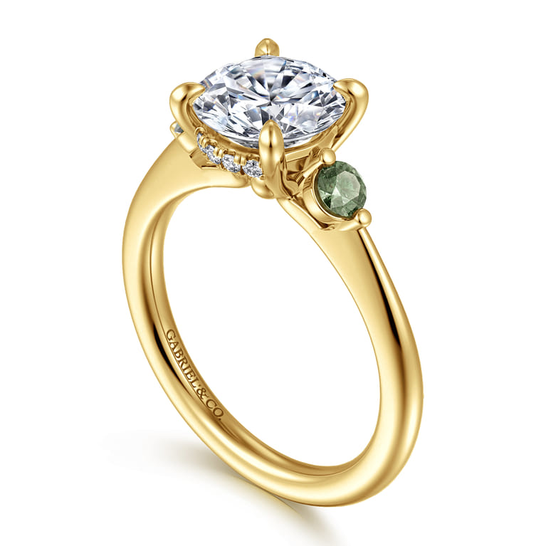 Stella - 14K Yellow Gold Round Three Stone Green Sapphire and Diamond Engagement Ring - 0.05 ct - Shot 3