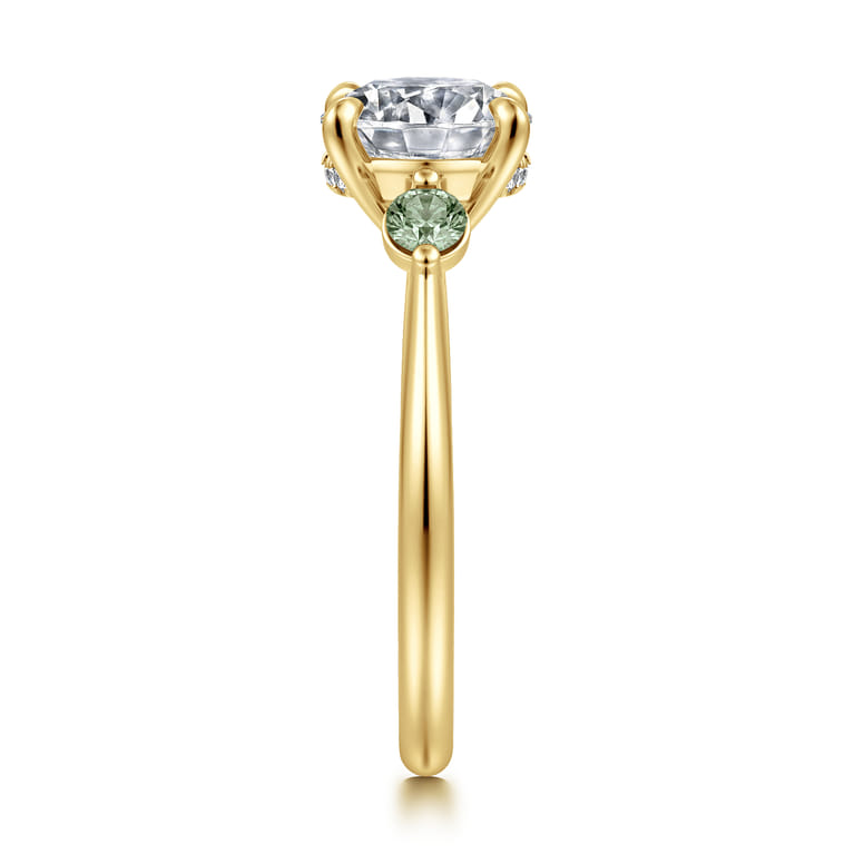 Stella - 14K Yellow Gold Round Three Stone Green Sapphire and Diamond Engagement Ring - 0.05 ct - Shot 4