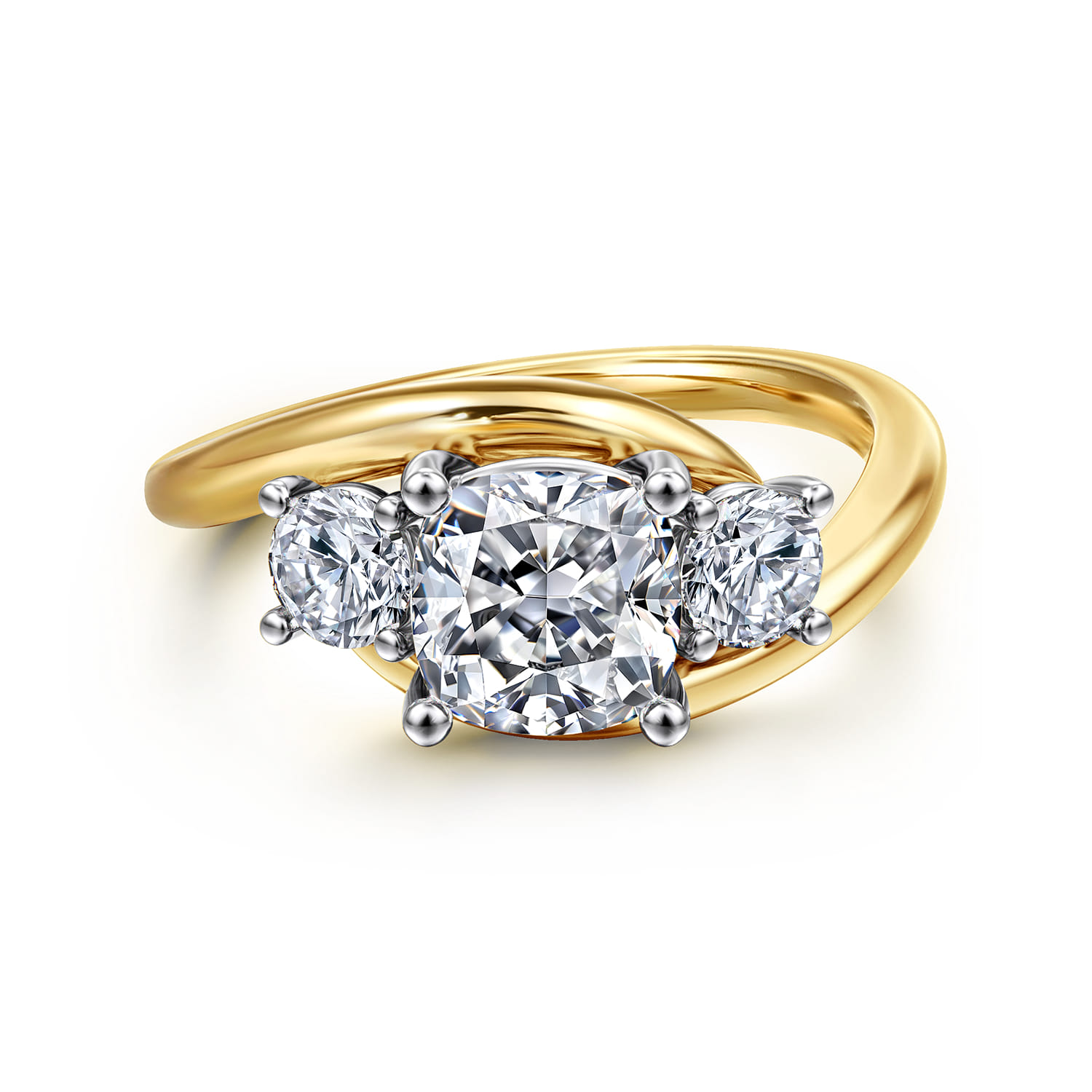 Elin - 14K White-Yellow Gold Cushion Cut Three Stone Diamond Engagement Ring - 0.5 ct - Shot 1