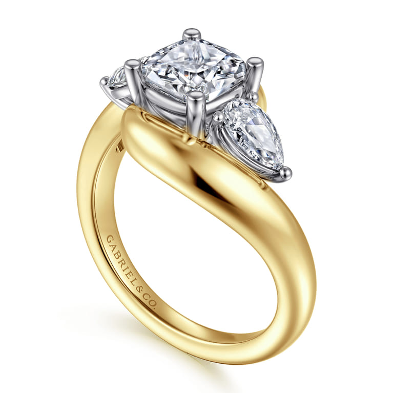 Beyond - 14K White-Yellow Gold Bypass Cushion Cut Three Stone Diamond Engagement Ring - 0.7 ct - Shot 3