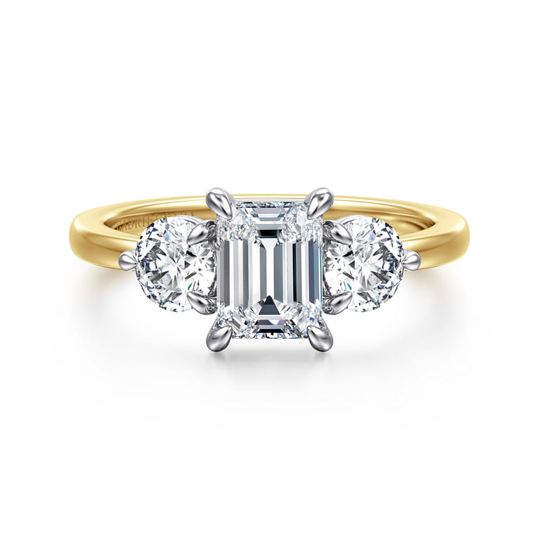 Adeline - 14K White-Yellow Gold Emerald Cut Three Stone Diamond Engagement Ring - 0.75 ct - Shot 1