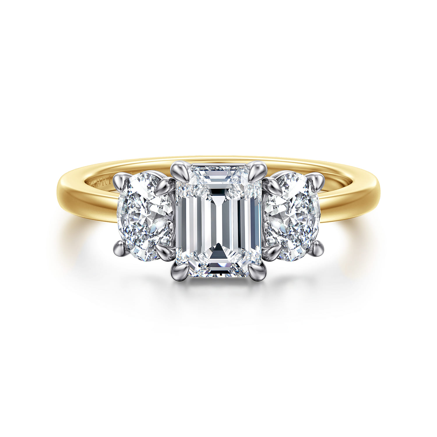 Thalina - 14K White-Yellow Gold Emerald Cut Three Stone Diamond Engagement Ring - 0.75 ct - Shot 1