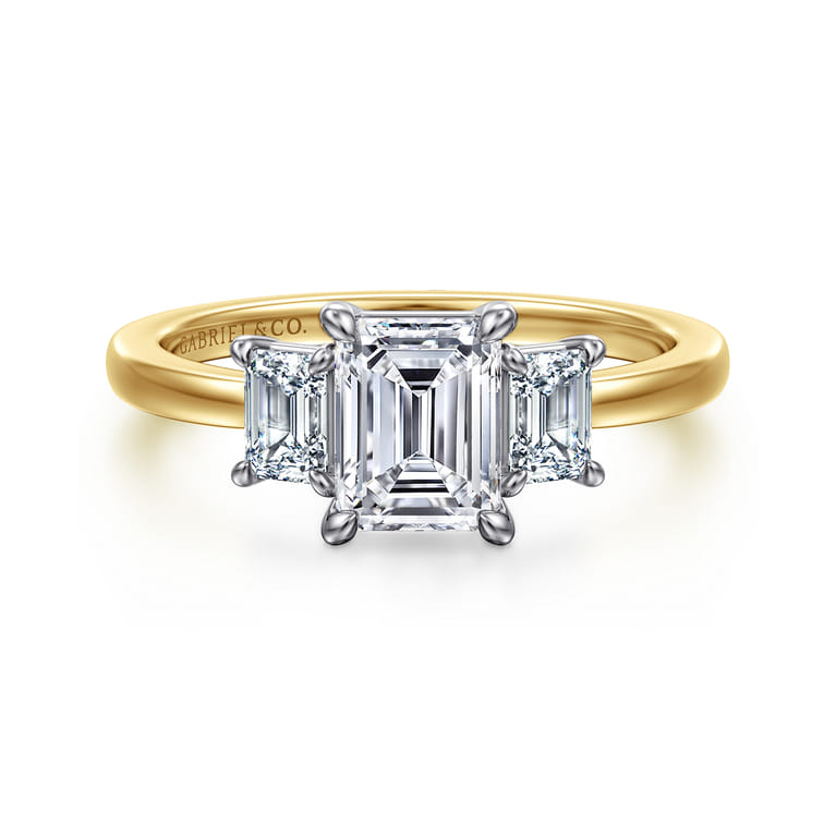 Thalina - 14K White-Yellow Gold Emerald Cut Three Stone Diamond Engagement Ring - 0.5 ct - Shot 1