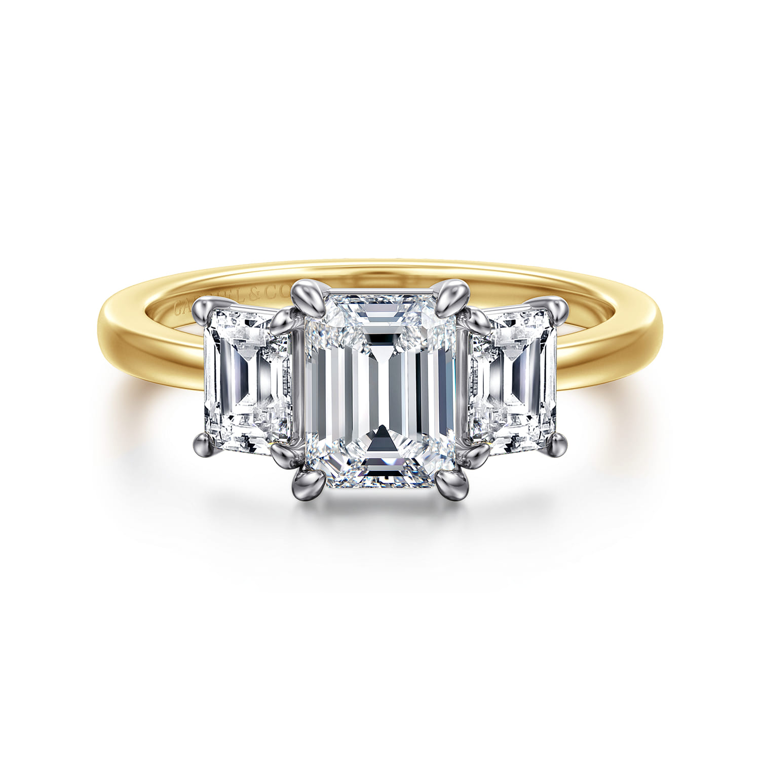 Thalina - 14K White-Yellow Gold Emerald Cut Three Stone Diamond Engagement Ring - 0.75 ct - Shot 1
