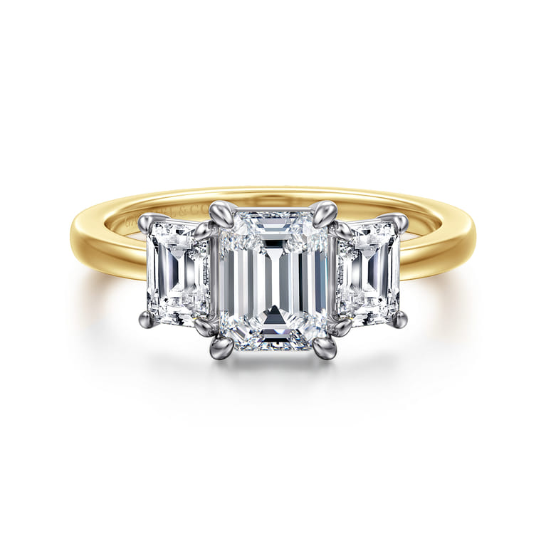 Thalina - 14K White-Yellow Gold Emerald Cut Three Stone Diamond Engagement Ring - 0.75 ct - Shot 1