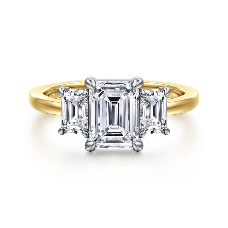 Thalina - 14K White-Yellow Gold Emerald Cut Three Stone Diamond Engagement Ring - 0.75 ct - Shot 1