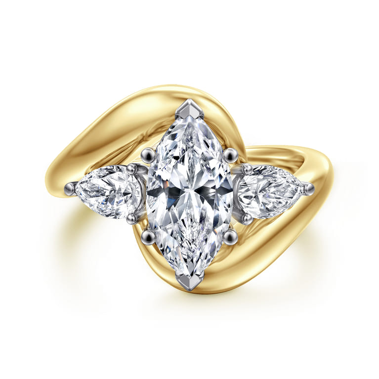 Beyond - 14K White-Yellow Gold Bypass Marquise Shape Three Stone Diamond Engagement Ring - 0.7 ct - Shot 1