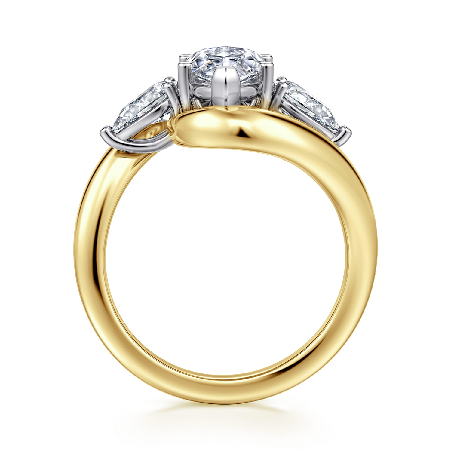 Beyond - 14K White-Yellow Gold Bypass Marquise Shape Three Stone Diamond Engagement Ring - 0.7 ct - Shot 2
