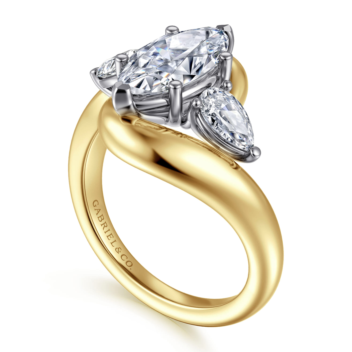 Beyond - 14K White-Yellow Gold Bypass Marquise Shape Three Stone Diamond Engagement Ring - 0.7 ct - Shot 3
