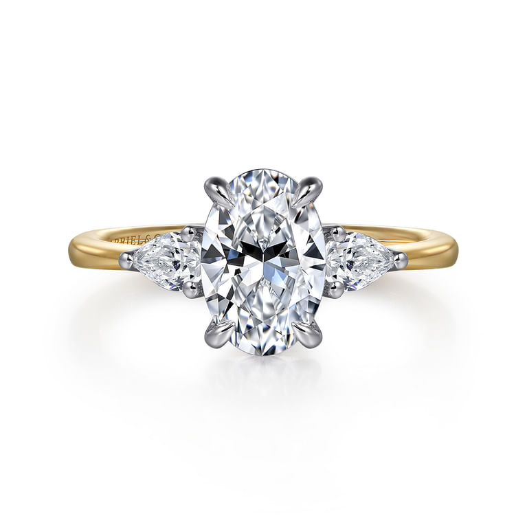 Sima - 14K White-Yellow Gold Oval Three Stone Diamond Engagement Ring - 0.3 ct