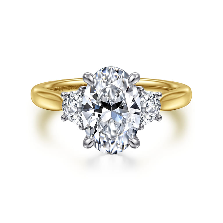 Devon - 14K White-Yellow Gold Oval Three Stone Lotus Diamond Engagement Ring - 0.4 ct - Shot 1