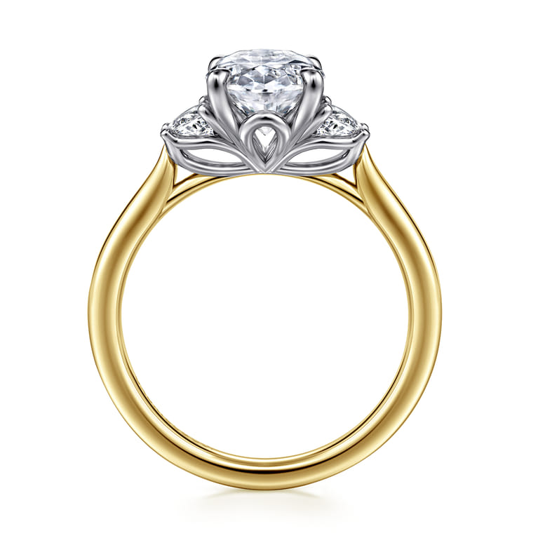 Devon - 14K White-Yellow Gold Oval Three Stone Lotus Diamond Engagement Ring - 0.4 ct - Shot 2