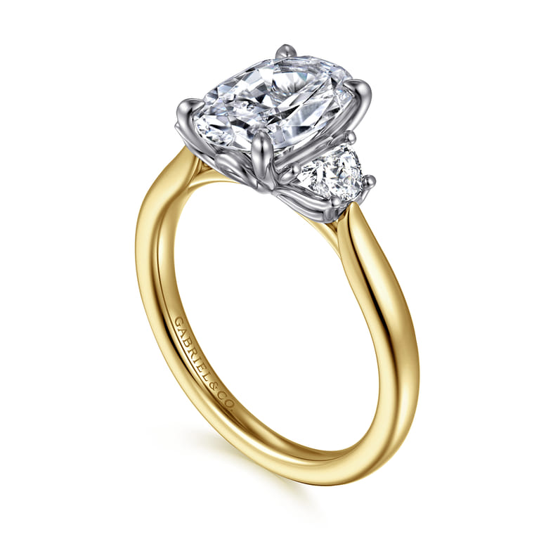 Devon - 14K White-Yellow Gold Oval Three Stone Lotus Diamond Engagement Ring - 0.4 ct - Shot 3