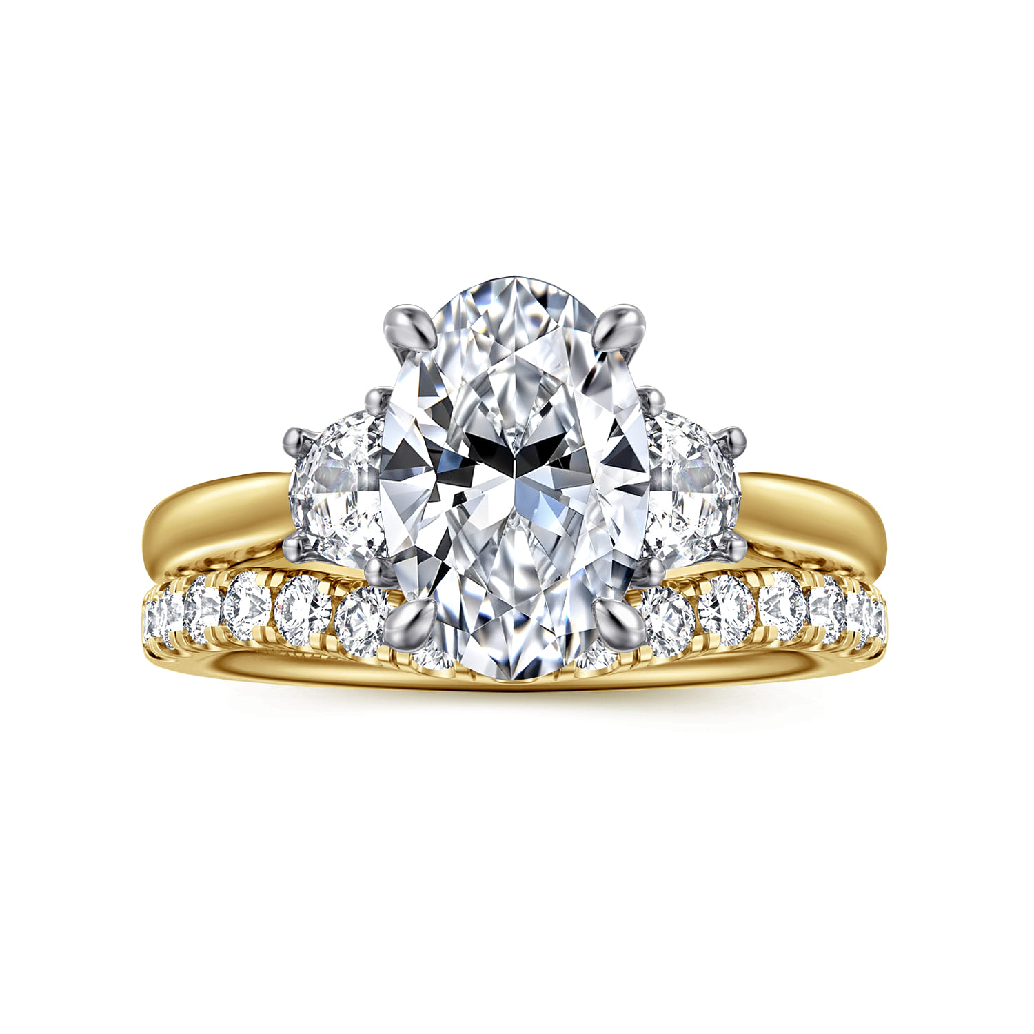 Devon - 14K White-Yellow Gold Oval Three Stone Lotus Diamond Engagement Ring - 0.4 ct - Shot 4