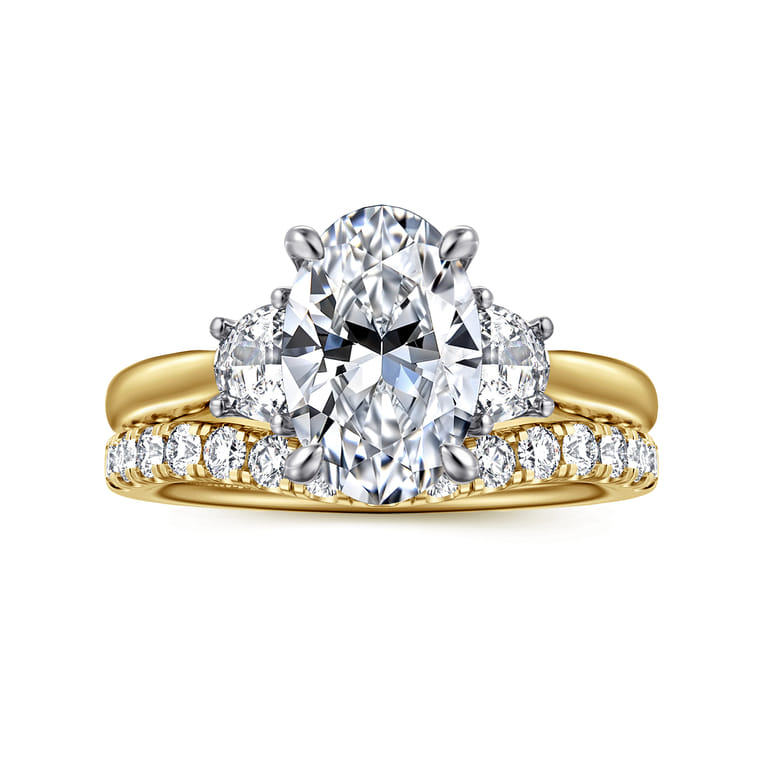 Devon - 14K White-Yellow Gold Oval Three Stone Lotus Diamond Engagement Ring - 0.4 ct - Shot 4
