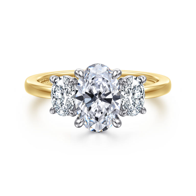 Thalina - 14K White-Yellow Gold Oval Three Stone Diamond Engagement Ring - 0.75 ct - Shot 1