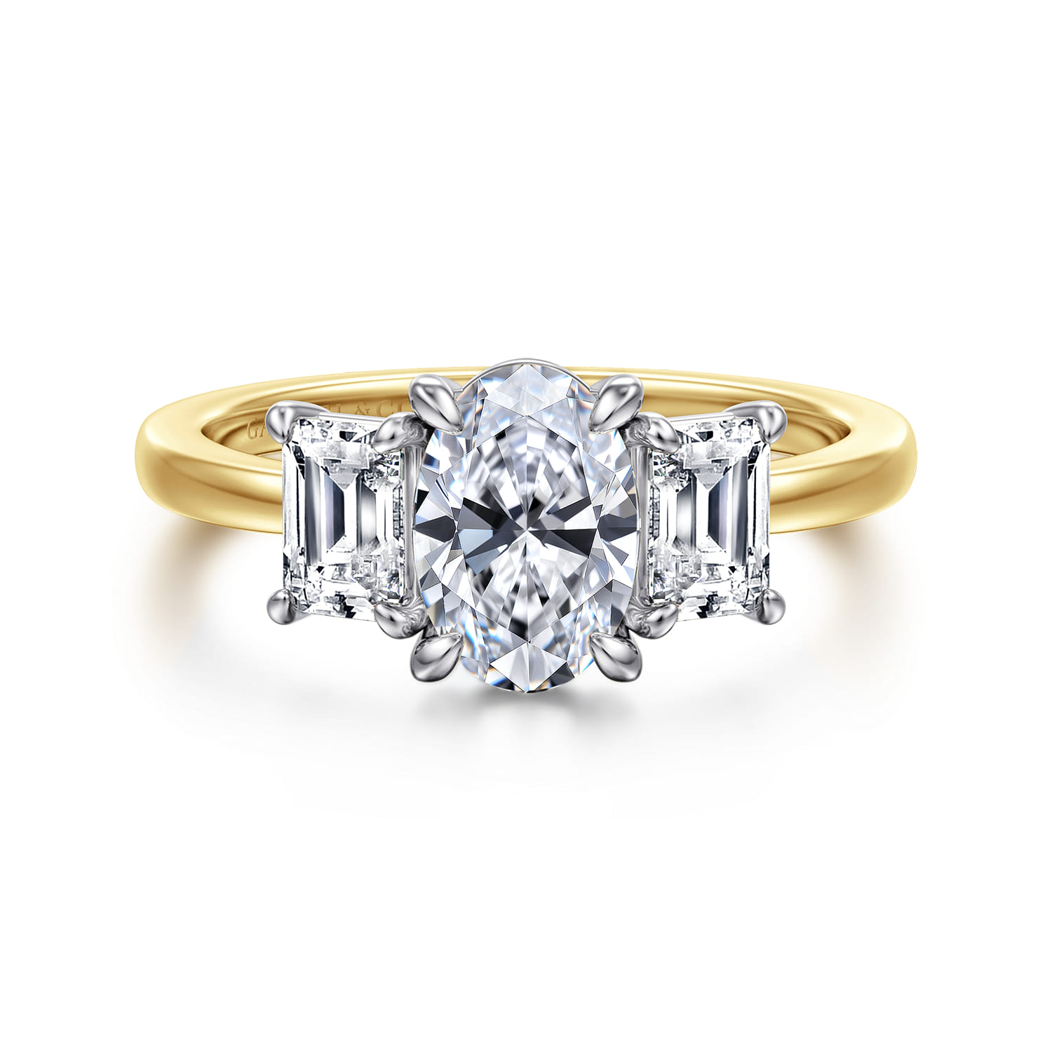 Thalina - 14K White-Yellow Gold Oval Three Stone Diamond Engagement Ring - 0.75 ct - Shot 1