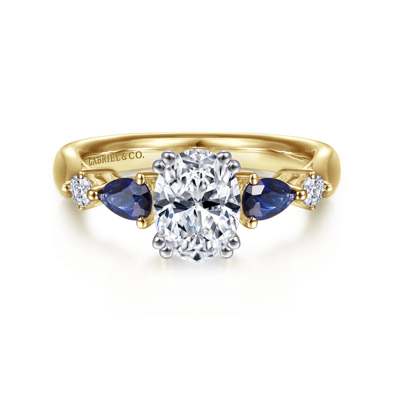 Carrie - 14K White-Yellow Gold Oval Five Stone Sapphire and Diamond Engagement Ring - 0.1 ct - Shot 1