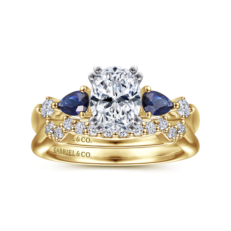 Carrie - 14K White-Yellow Gold Oval Five Stone Sapphire and Diamond Engagement Ring - 0.1 ct - Shot 4
