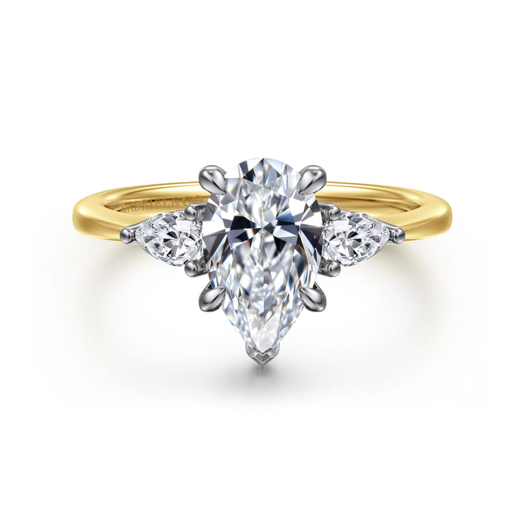 Sima - 14K White-Yellow Gold Pear Shape Three Stone Diamond Engagement Ring - 0.3 ct - Shot 1