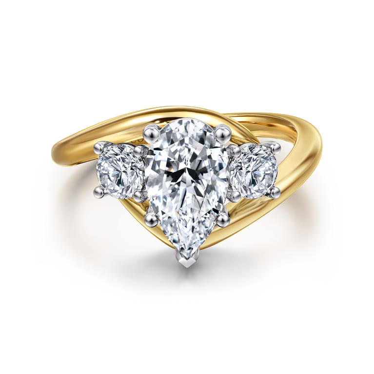 Elin - 14K White-Yellow Gold Pear Shape Three Stone Diamond Engagement Ring - 0.5 ct - Shot 1