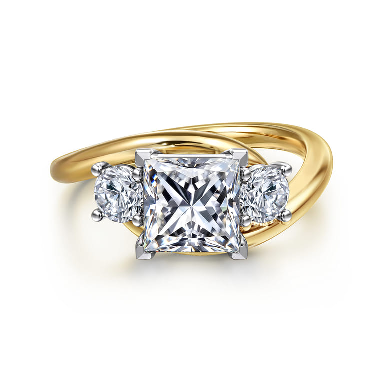 Elin - 14K White-Yellow Gold Princess Cut Three Stone Diamond Engagement Ring - 0.5 ct - Shot 1