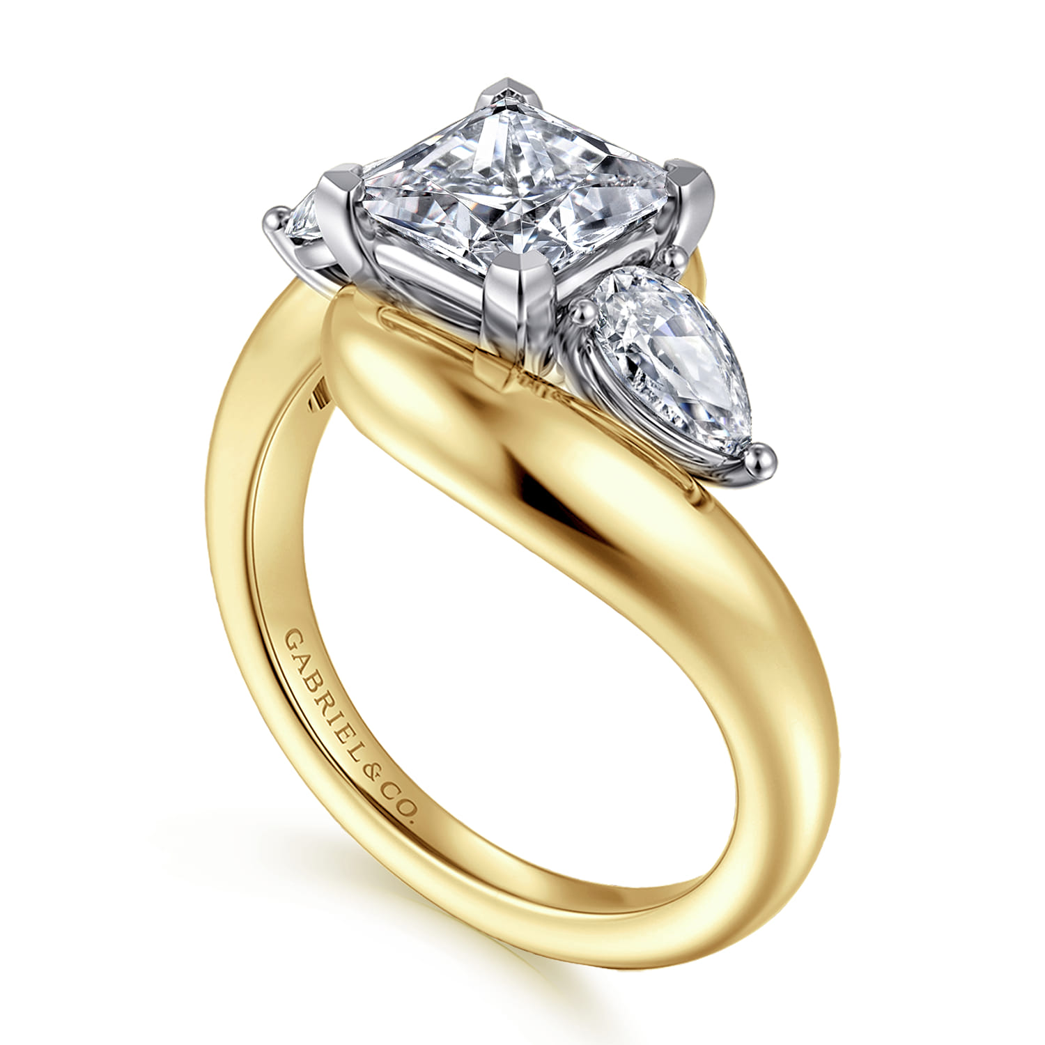 Beyond - 14K White-Yellow Gold Bypass Princess Cut Three Stone Diamond Engagement Ring - 0.7 ct - Shot 3