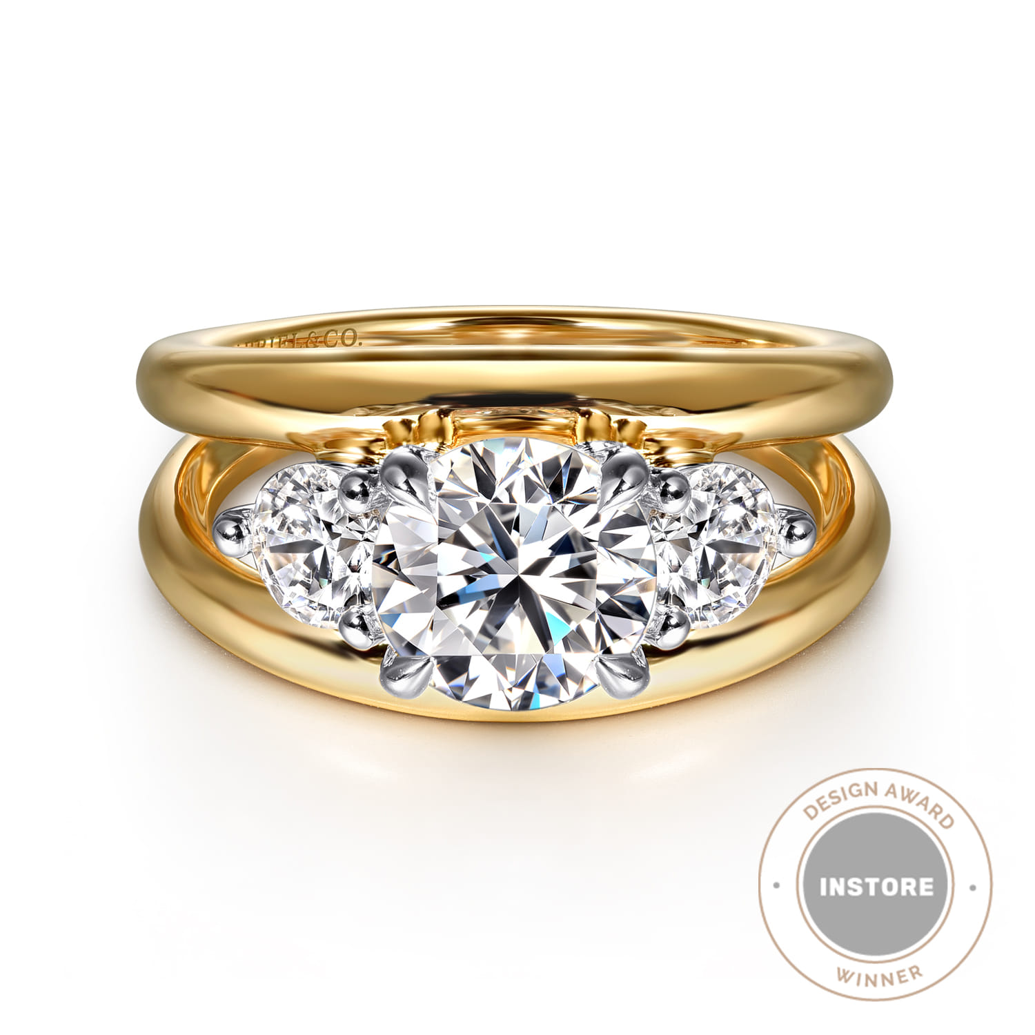 Danni - 14K Yellow-White Gold Round Three Stone Split Shank Diamond Engagement Ring - 0.75 ct - Shot 1